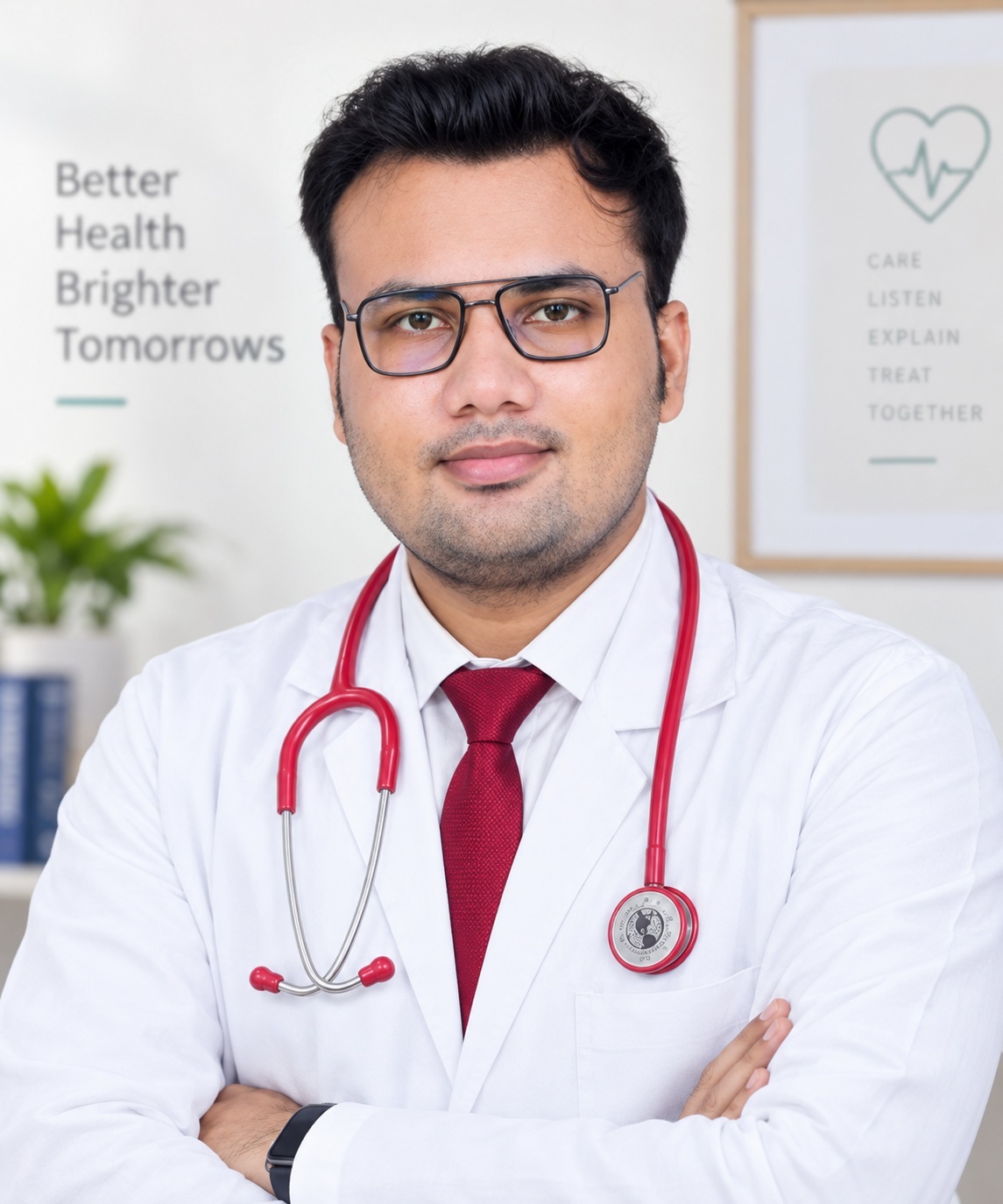 Dr. Avinash Mandre wearing a white coat, glasses, and stethoscope